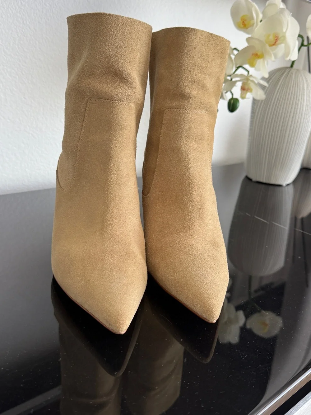 Zara Beige Suede Pointed-Toe Ankle Booties